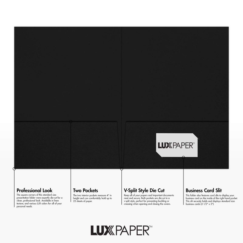 LUXPaper 9" x 12" Presentation Folders | Two Pocket | Black Linen | 100lb. Cover | 50 Qty - Image 2